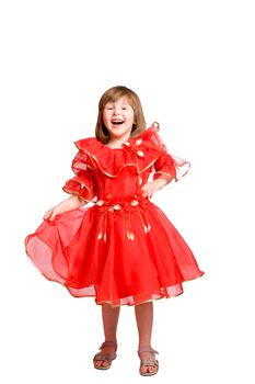 Excited laughing girl wearing holiday dress isolated on white