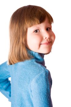 Happy child wearing blue sweater isolated on white