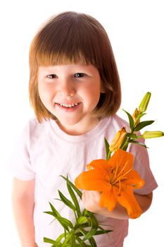 Cheerful kid holding orange lily isolated on white