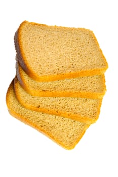Four slices of black bread isolated on white