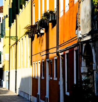 Sunlight on colored buildings in Venice