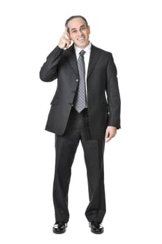 Happy businessman in a suit having an idea isolated on white background