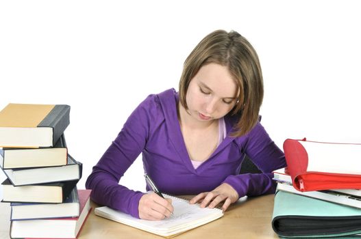 Happy teenage girl studying at the desk