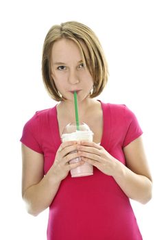 Teenage drinking strawberry milkshake isolated on white background