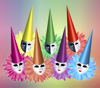 group of seven carnival masks with caps and collars on colourful background