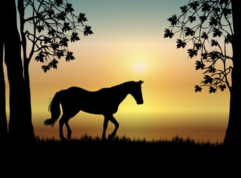 Illustration of horse in pasture at sunrise