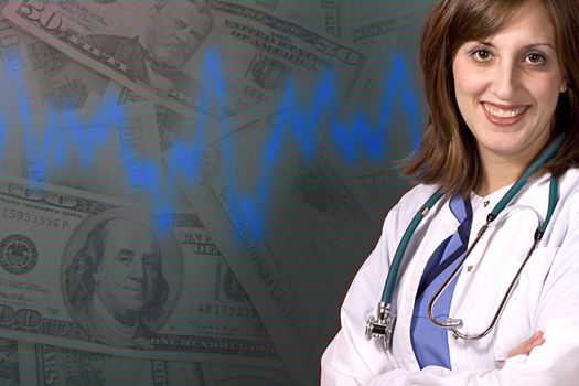 A young medical professional isolated over a money background with copyspace.