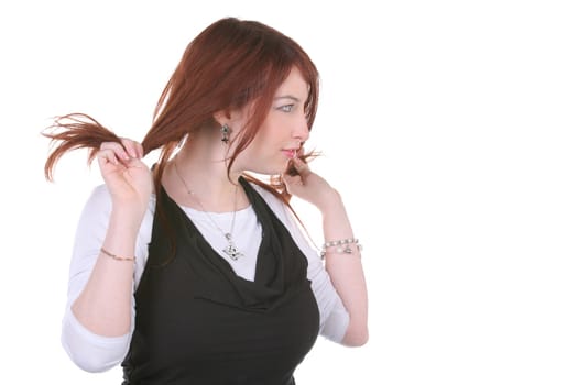 beautiful european girl keeps itself for hairs on head on white background