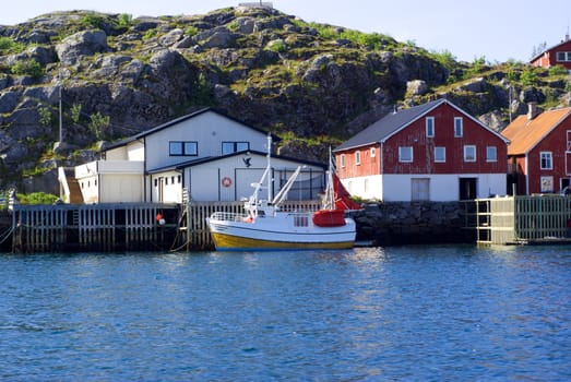 The moored boat on island Skrova in Norway