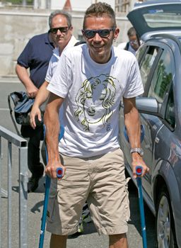 Valentino Rossi, who in early June in Italy Mugello GP suffered an fracture of the leg is caming in for testing at Masaryk Circuit on 12 July 2010, in Brno, Czech republic.