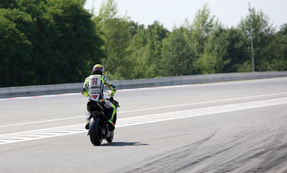 Valentino Rossi, who in early June in Italy Mugello GP suffered an fracture of the leg is testing at Masaryk Circuit on 12 July 2010, in Brno, Czech republic.