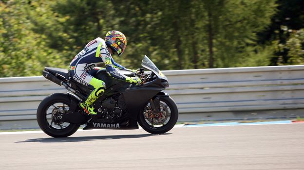 Valentino Rossi, who in early June in Italy Mugello GP suffered an fracture of the leg is testing at Masaryk Circuit on 12 July 2010, in Brno, Czech republic.