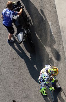 Valentino Rossi, who in early June in Italy Mugello GP suffered an fracture of the leg is testing at Masaryk Circuit on 12 July 2010, in Brno, Czech republic.