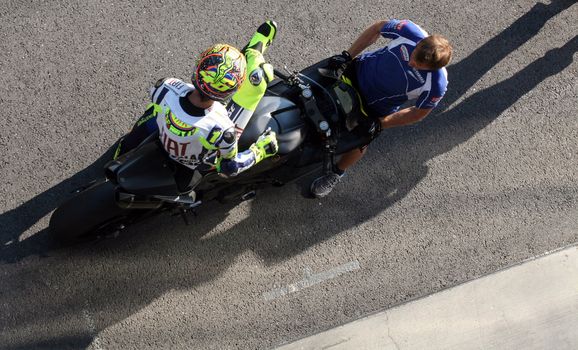 Valentino Rossi, who in early June in Italy Mugello GP suffered an fracture of the leg is testing at Masaryk Circuit on 12 July 2010, in Brno, Czech republic.
