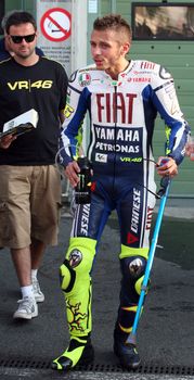 Valentino Rossi, who in early June in Italy Mugello GP suffered an fracture of the leg is testing at Masaryk Circuit on 12 July 2010, in Brno, Czech republic.