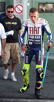 Valentino Rossi, who in early June in Italy Mugello GP suffered an fracture of the leg is testing at Masaryk Circuit on 12 July 2010, in Brno, Czech republic.