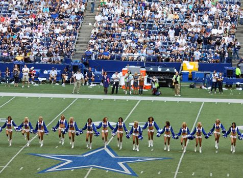 DALLAS - OCT 5: Texas Stadium on Sunday, October 5, 2008. Dallas Cowboys cheerleaders performing for the half time show. The last season that the Cowboys will play in Texas Stadium. 
