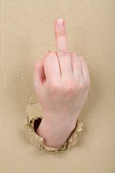 Gesture female hand through from hole in cardboard