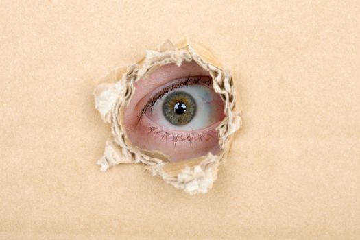 Eye looking from a hole in a sheet of cardboard