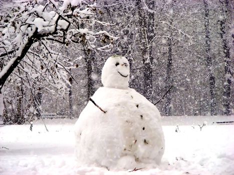 A smiling snowman in a white landscape