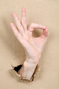 Gesture male hand through from hole in cardboard