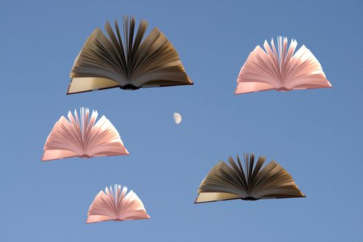 Many flying books in blue sky with moon