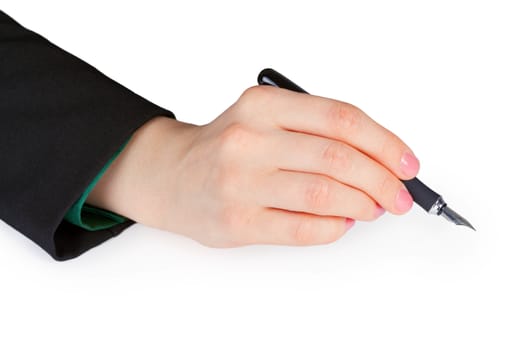 Women's hand holding pen isolated on white background