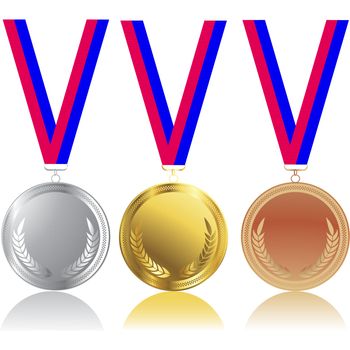 Silver, gold and bronze realistic medals with reflection