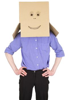 Man with carton box instead of head on white