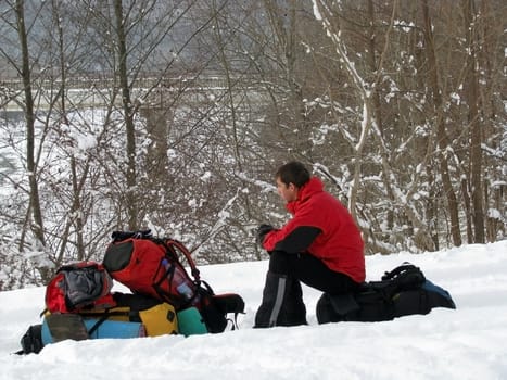 Winter, lad looks halt, march, snow, tourist, expedition, tree, rucksacks, bridge, river, nature, journey, road, type
