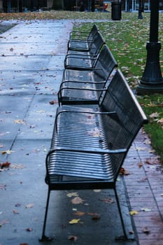 Empty park benches during the fall