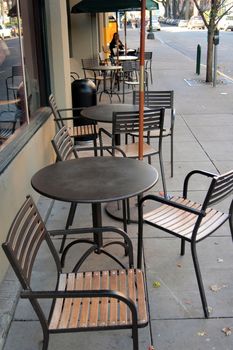 Seats for an outside eating place in Portland Oregon