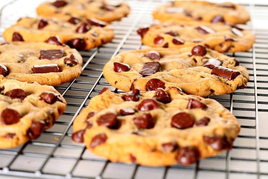 chocolate chip double chunk cookies on rack