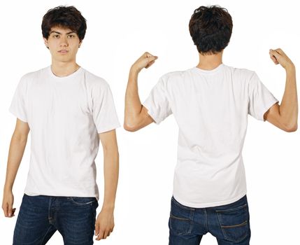 Young male with blank white t-shirt, front and back. Ready for your design or logo.