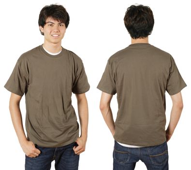 Young male with blank chestnut t-shirt, front and back. Ready for your design or logo.