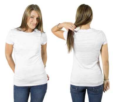 Young beautiful female with blank white shirt, front and back. Ready for your design or logo.