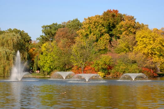 Fountains autumn season. Wroclaw, Park South. Poland.