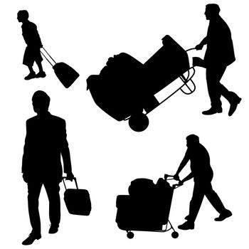 Illustration of various people pushing and pulling luggage 