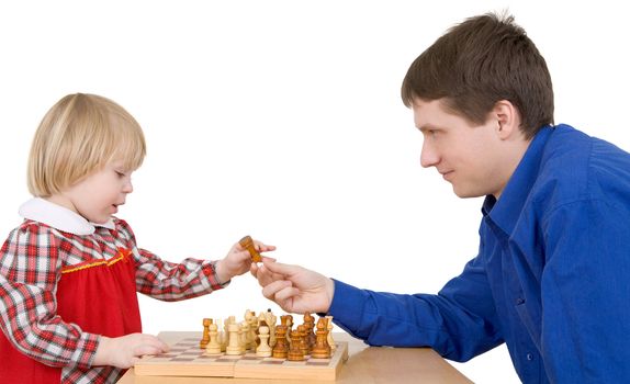 Man give child chess-man on a white background
