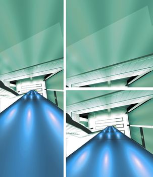 Futuristic blue tones lighting 3D render deck. Future architecture vertical widescreen composition.