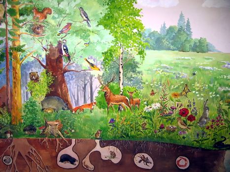 Painted picture with various forest living animals