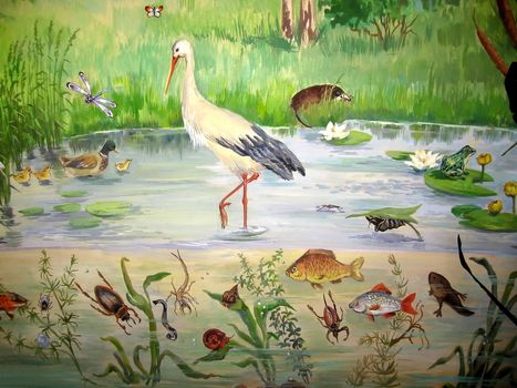 Painted picture with various pond living animals