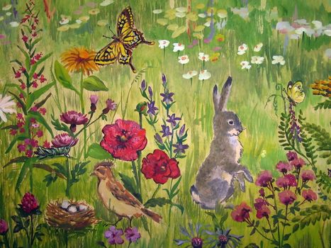 Painted picture with various meadow living animals