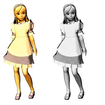 2 versions of a young girl in yellow dress, on colored and one black and white