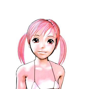 computer colored hand drawn doe-eyed pink-haired young girl