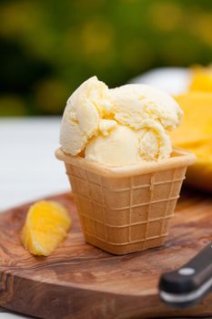 Delicious mango icecream in square cookie holder