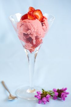 Delicious glass with strawberry frozen yogurt and fresh strawberries