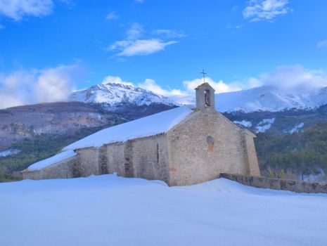 Provence chapel of Saint-Valvert in a snowy landscape of Vergons-en-Provence