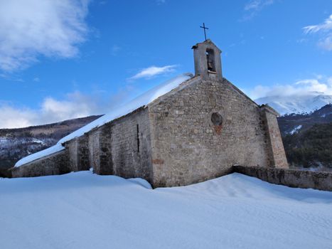 Provence chapel of Saint-Valvert in a snowy landscape of Vergons-en-Provence