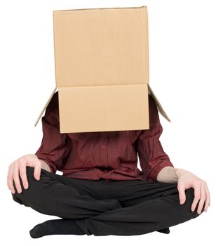 Man with a carton box on a head